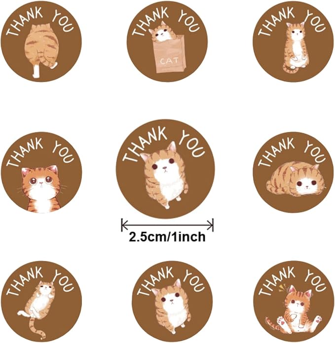 500PCS Kawaii Cat Thank You Stickers for Small Business Packaging Round Cartoon Cute 8 Styles 1 Inch Small Animal Adhesive Seal Labels Roll for Greeting Cards Envelopes, Holiday Cards(Brown cat)