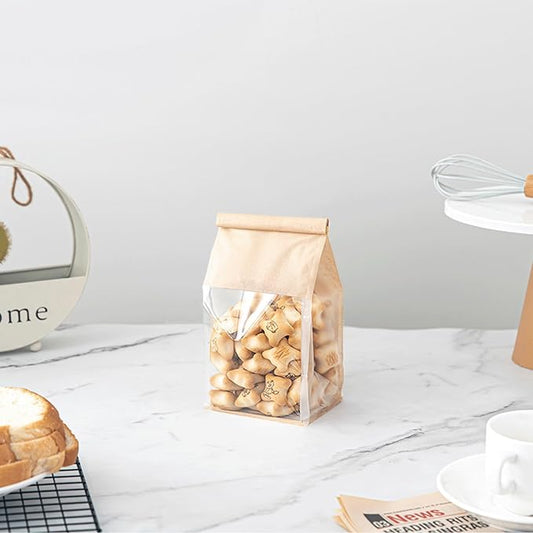 100 Pcs Bread Bags with Tin Tie, Loaf Bags Made Of Brown Cotton Paper, Storage Packing Bag with Clear Window for Bakery, Cafe, Homemade Bread, Mini Size 3.9 Inch