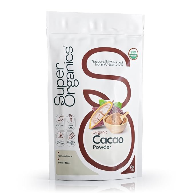 Super Organics Cacao Powder – Organic, Raw & Unsweetened – 100% Pure Dark Chocolate, Vegan, Non-GMO, Gluten-Free, Antioxidant-Rich, 6 oz