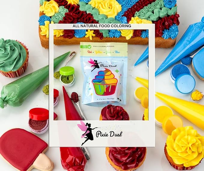 All-Natural Food Coloring Powder set - Red, Yellow, Blue, Green. | Perfect for cake decorating, cookie frosting, icing & drinks | Dye-Free, Plant-Based, Flavorless, Kosher | No-Carmine, No annatto, No Propylene Glycol | by PIXIE DUST | Medium .17 oz Ea...