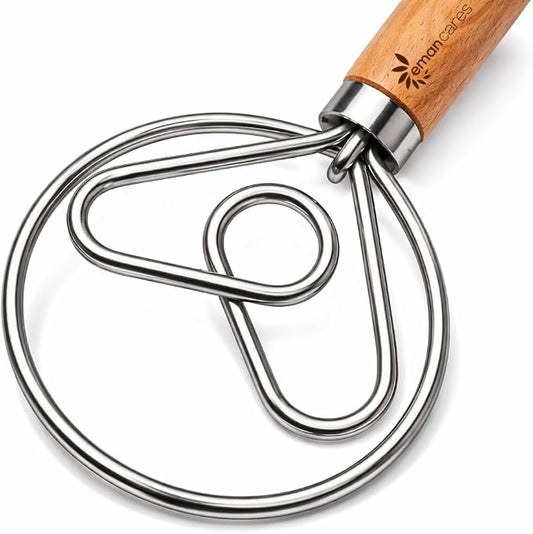 Danish Dough Whisk for Sourdough – Thick Stainless Steel Dutch Whisk with Ergonomic Oak Handle – Heavy-Duty Dough Mixer for Bread & Baking