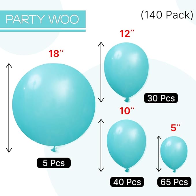 PartyWoo Teal Balloons 140pcs Different Sizes Pack of 18 12 10 5 Inch Turquoise Dark Teal Balloon Arch Kit for Baby Shower Gender Reveal Graduation Mermaid Birthday Pool Party Decorations Blue-Y69