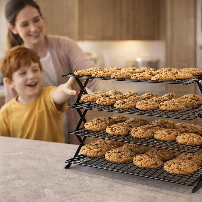 4 Tier Collapsible Cooling Rack for Baking, Adjustable Stackable Wire Cookie Cooling Racks, Space-Saving Foldable Baking Rack with Stable X-Leg Design for Cookies, Cakes, Bread and Pastries