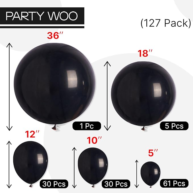 PartyWoo Black Balloons 127 pcs Different Sizes Pack of 36 18 12 10 5 Inch Matte Black Latex Balloon Arch Kit Garland for Graduation Halloween New Year Anniversary Birthday Party Decorations Black-Y18