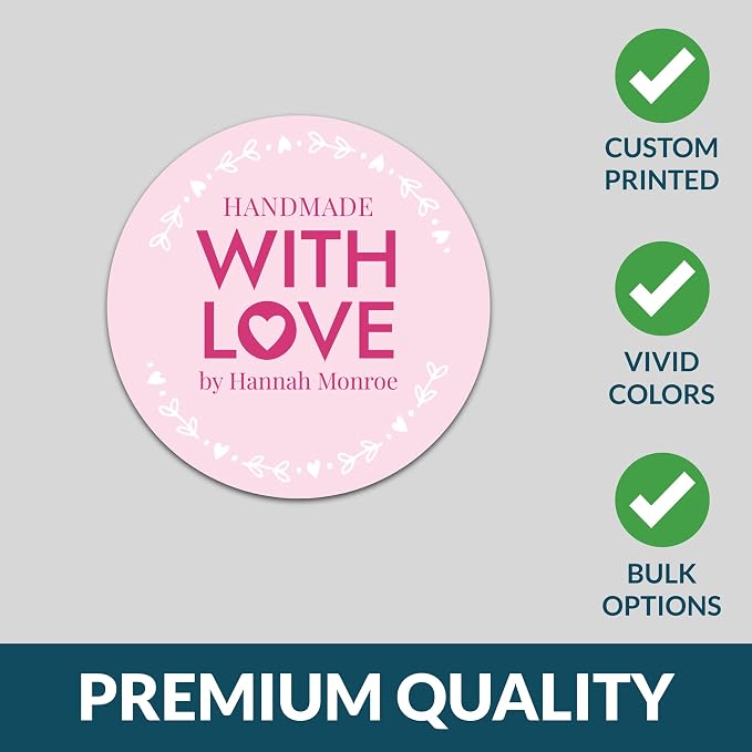 Personalized Handmade with Love Stickers – Custom 2" Round Packaging Labels for Small Business Orders, Gifts, Boxes & Envelopes (50–1000 Stickers) (Circled Heart)