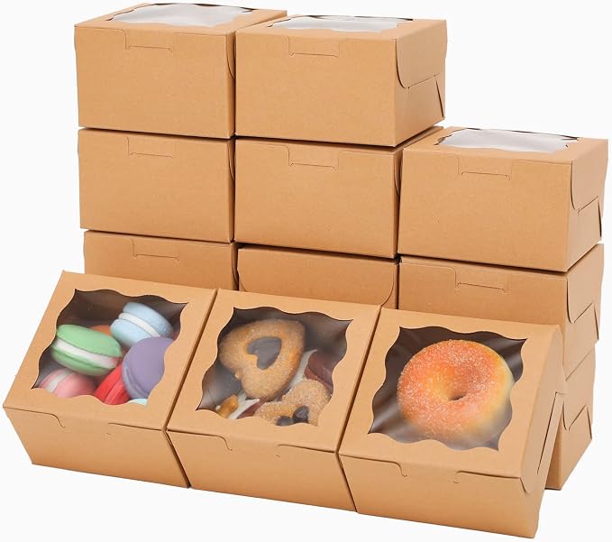 Bakepacker 400pcs Brown Bakery Boxes with Window 4"x 4"x 2.5" Thick & Cookie Boxes & Sturdy Macaroon Pastry