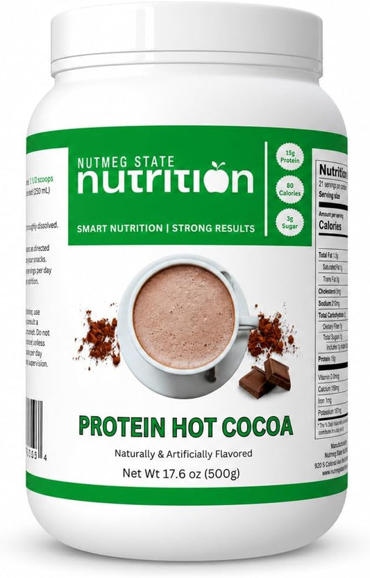 Nutmeg State Nutrition - High Protein Hot Cocoa Mix, Low Calorie Hot Chocolate Protein Drink, 15g Protein, 80 Calories, 3g Sugar, 21 Servings Per Canister, 17.6 Ounces