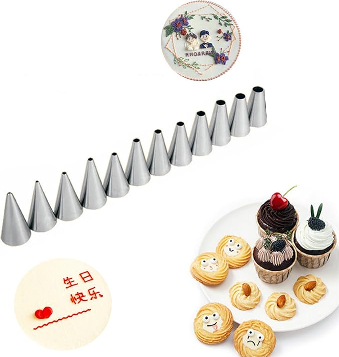 12 Pcs Round Hole Piping Tips Set，Stainless Steel Cupcake Frosting Nozzles，Cake Decorating Supplies Baking Set Tools，Russian Pastry Icing Dispensers for Baking Cookies Puff Doughnut Cream Bag Filler