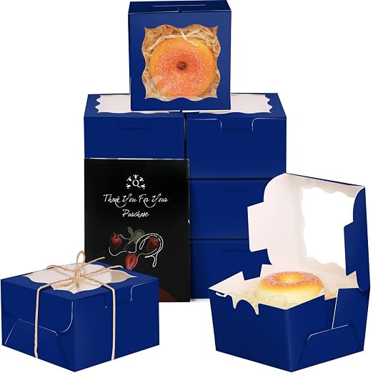 qiqee Dark Blue Bakery Boxes with Window 55pcs 4x4x2.5 Mini Cookie Boxes Macaron Boxes Small Donut Pastry Boxes for Party
