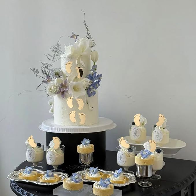 60pcs/bag Baby Shower Acrylic Cake Topper Baby Feet Cake Decoration Oh Baby Gender Reveal One 1st Birthday Party Boy and Girl (Gold)