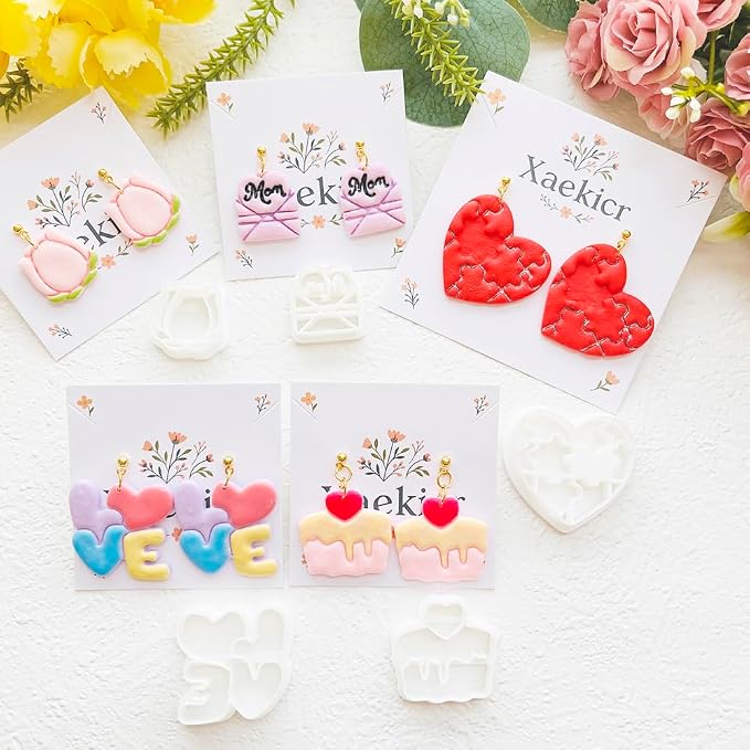 Mother’s Day Polymer Clay Cutters & Stamps Set - 10pcs Sharp & Durable Mom, MAMA, LOVE, Puzzle Heart, Envelope & Cake Shapes for DIY Earring Jewelry Making, Soft Clay Crafts & Holiday Supplies