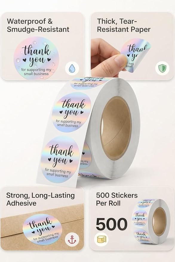 500 PCS Holographic Thank You for Supporting My Small Business Stickers – 1.5 Inch Round Self-Adhesive Waterproof Labels – Eye-Catching Packaging Seals for Orders, Gift Bags, Boxes & Envelopes