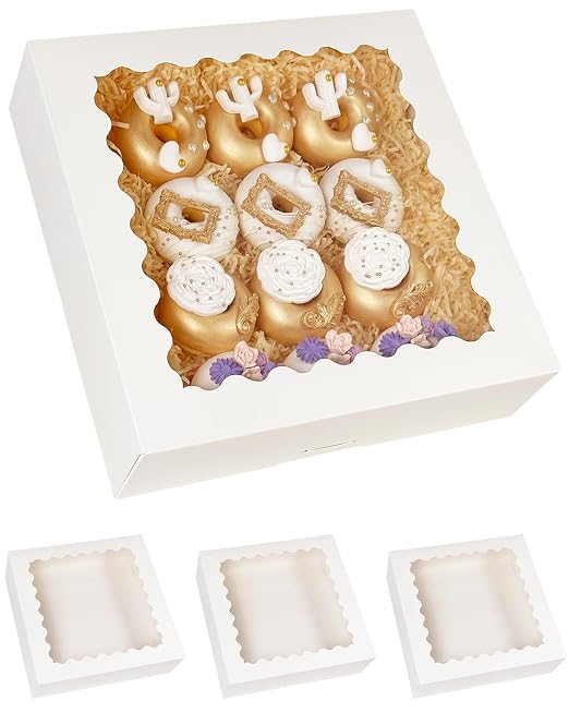 Bakepacker 120pcs White Pie Boxes 12"x 12"x 3" Easy Assemble Macaroon Cookie Boxes Bakery Boxes with Window for Bakery (Auto-pop Up)