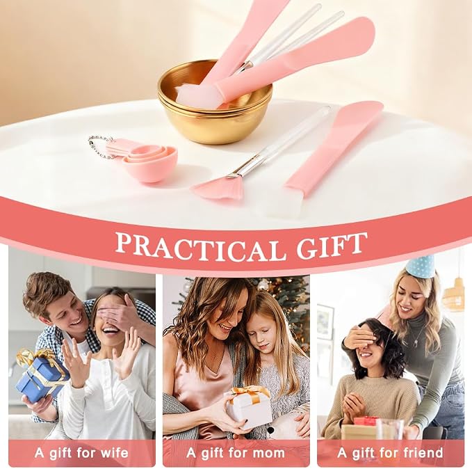 12Pcs Esthetician Facial Supplies Tools Set, 3 Gold Facial Bowls,Fan-Shaped Brushes,Scraper, Plastic Measuring Spoon, DIY Face Mask Mixing Tool Kit (Color:Gold.Pink)