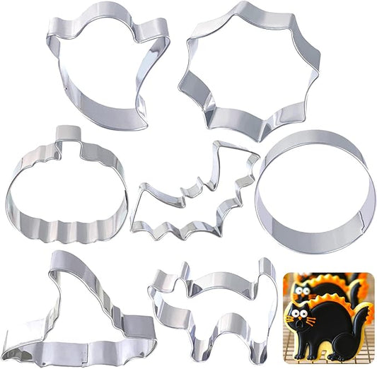 Halloween Cookie Cutters 7Pcs, Bat Pumpkin Magic Hat Cat Cookie Cutter, Sturdy Easy to Clean & Demold Pancake Dough Molds for Halloween Baking