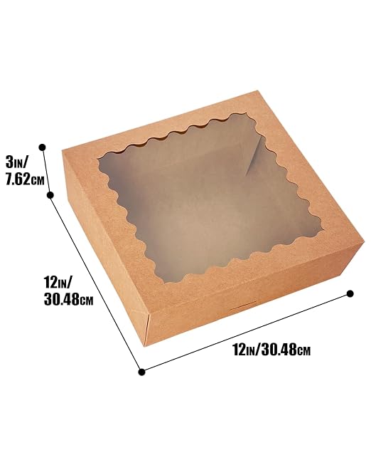Bakepacker 10pcs Brown Pie Boxes 12x12x3 inches Easy Assemble Macaroon Cookie Boxes Bakery Boxes with Window for Bakery (Auto-pop Up)