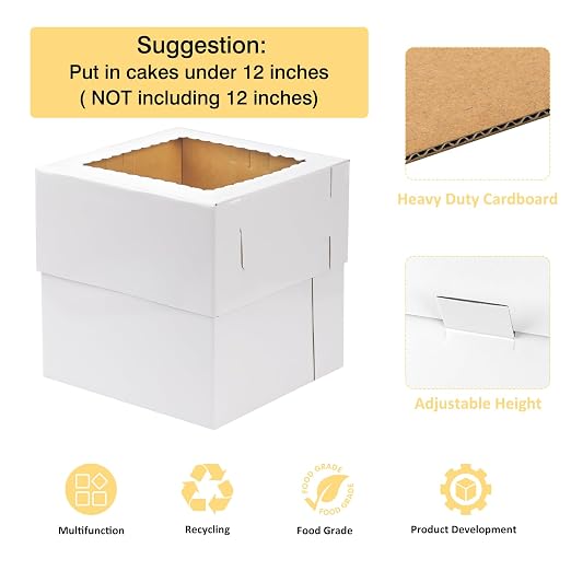 Moretoes 6 Pack 12x12x12 Inches Tall Cake Boxes with Boards for Tier Cakes, Thick Sturdy Bakery Box with Window for Valentine's Day, Mother's Day, Birthday, Wedding, Party