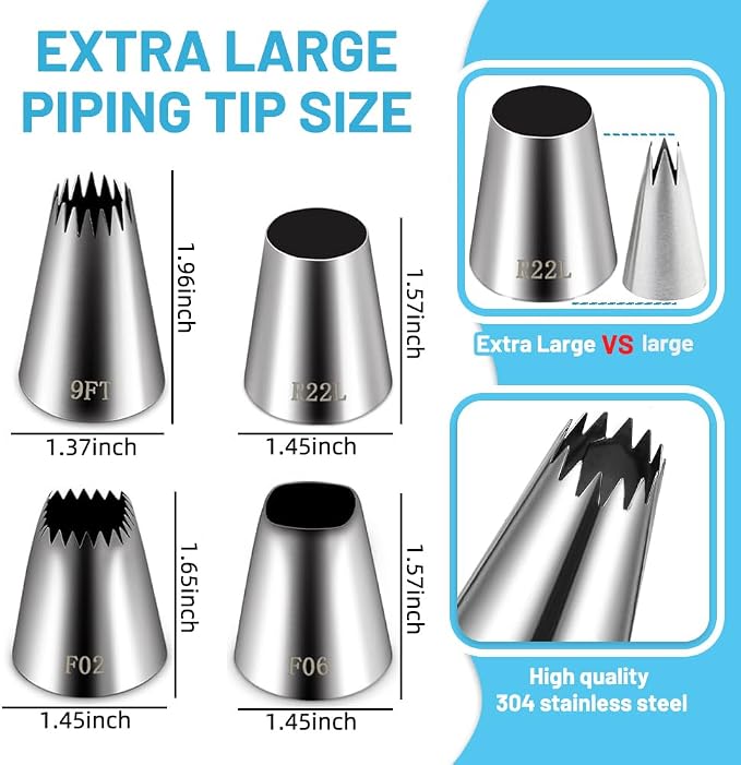 26PCS Extra Large Piping Tips and Bags Set,Jumbo Round Square Wide Star tip | for Churros,Eclairs,Macarons,Cupcakes, 4Jumbo Frosting Nozzles with 20Pcs 18Inch Large Pastry Bags Disposable,Brush,5Bag Ties