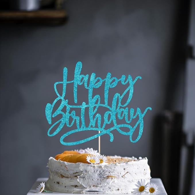 Kaoenla Happy Birthday Cake Topper, light blue Glitter handwork Happy Birthday Cake Decoration Suitable For Anniversary/Birthday Party Decor