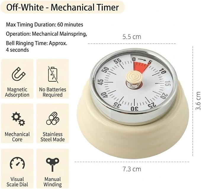 Magnetic Kitchen Timer with 4 Refrigerator Magnets Bundle, Stainless Steel Mechanical Wind Up 60-Minute Visual Countdown Alarm for Cooking, Baking, Study and Office (2.8 Inch)
