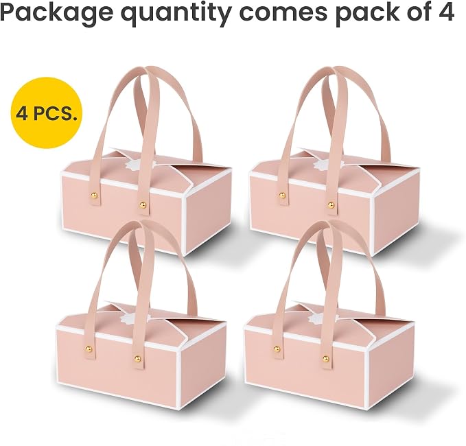 Hammont Cookie Boxes for Gift Giving - 4 Pack of Bakery Boxes, Easy to Assemble Decorative Cardboard Luxury Box with Faux Leather Handle Jewelry, Chocolate and Candy 5x7x3 Inches (Pink) (HM1781)