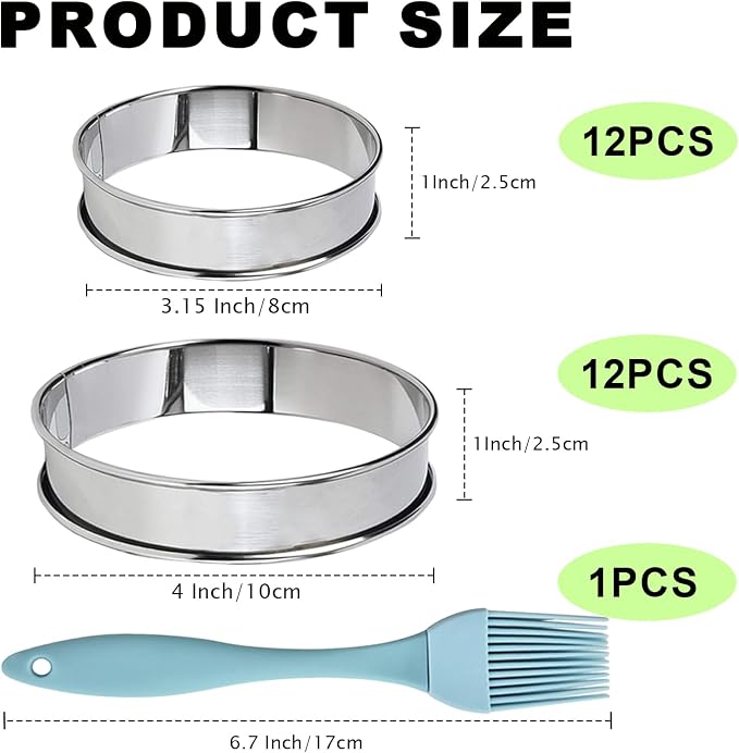 24 Pack English Muffin Rings Set 4 Inch & 3 Inch Stainless Steel Crumpet Ring with Oil Brush, Metal Pastry Rings Mold Double Rolled Tart Ring for Baking Kitchen Food Making