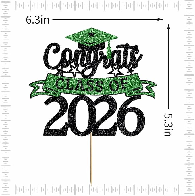 Glitter Class of 2026 Cake Topper，Congrats Grad Decorations， 2026 Happy Graduation High School/College/University Graduation Party Supplies