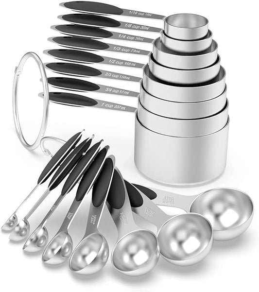 Measuring Cups & Spoons Set of 16, Wildone Stainless Steel Measuring Cups and Measuring Spoons with Black Silicone Handle, Including 8 Nesting Cups, 8 Spoons, for Dry and Liquid Ingredient | 8 Measuring Cups and 8 Measuring Spoons, Nesting Design, Heav...