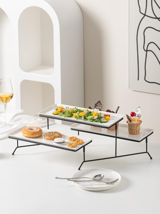 Kanwone 2 Tier Serving Stand With White Porcelain Platters, 14.5" x 6" Tiered Tray for Entertaining Party, Dessert Stand With Black Metal Base
