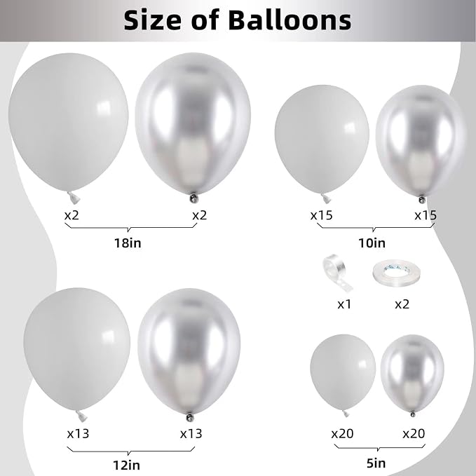 Silver and White Balloon Garland Kit, Metallic Silver White Balloon Arch Kit, Helium Latex Balloons Different Sizes 18/12/10/5 Inch for Wedding Birthday Baby Shower Anniversary Party Decorations