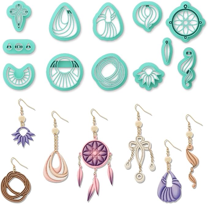 ORIGACH 12 Pcs Boho Knot Macrame Clay Cutters, Polymer Clay Cutters, Dream Catcher Design Clay Cutters for Polymer Clay Jewelry Earrings with a Clear Storage Box