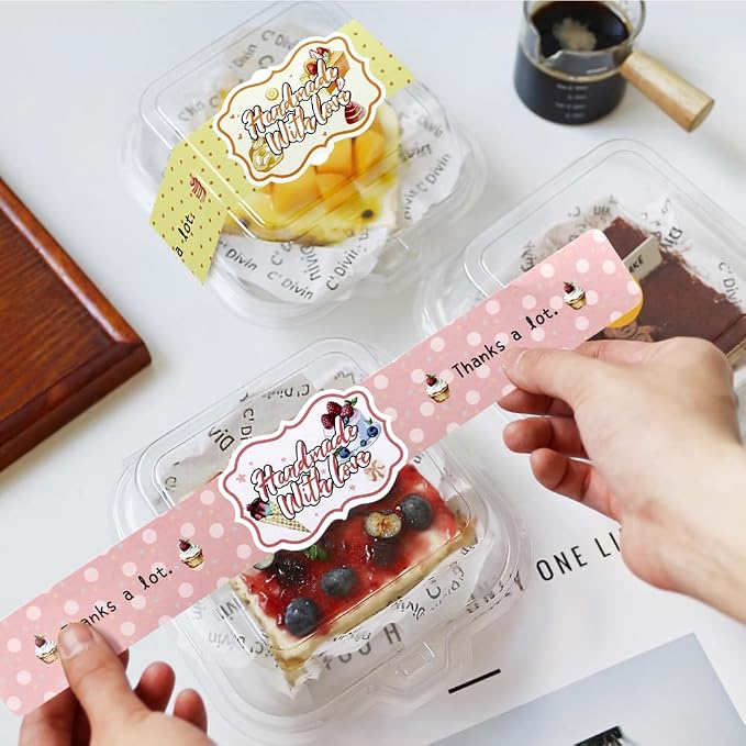 9.8 Inch Long Handmade with Love Stickers 120 Pcs Huge Thanks a Lot Self-Adhesive Sealing Baking Label Safe Secure Tamper Evident Lids Food Bakery Sticker for Baked Good Packaging (Handmade with Love)