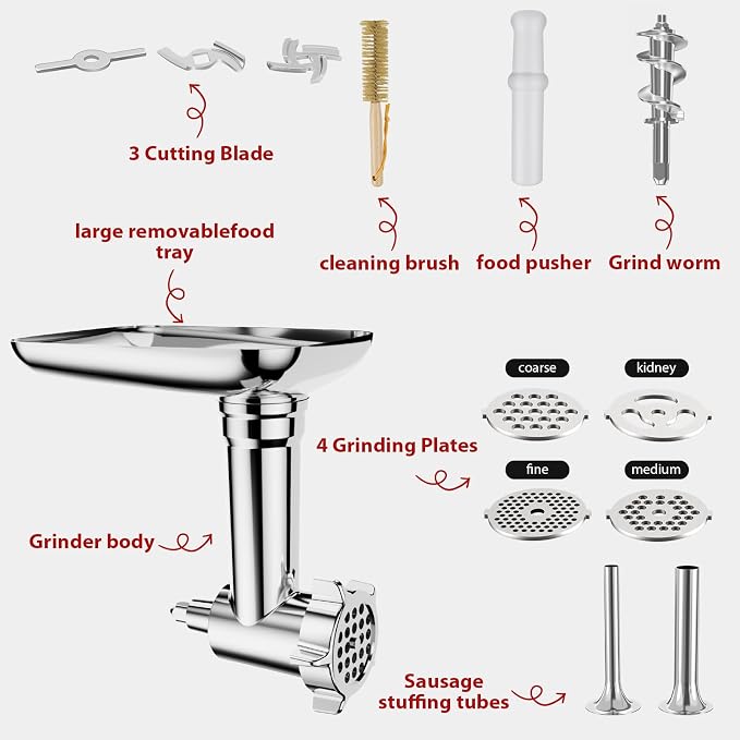 21Pcs Meat Grinder & Cheese Grater Attachment for KitchenAid Stand Mixer, with 4 Grinding Plates, Metal Sausage Stuffer Tubes, 4 Slicer Shredder Attachment, Kitchen Aid Accessories and Attachments