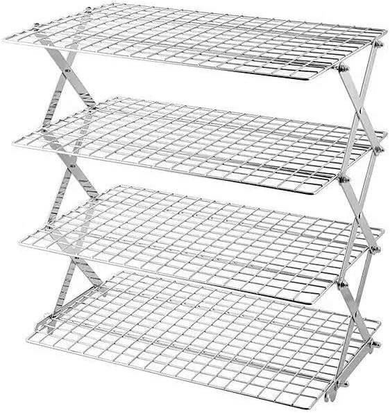 4-Tier Collapsible Cooling Rack-Adjustable Stackable Non-Stick Wire Rack for Baking,for Baking, Roasting, Cookies, Cakes, Drying, Picnic & BBQ,Silver