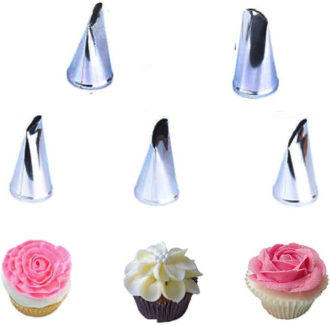Flower Piping Tips, Hsxxf 5PCS Russian Piping Tips Stainless Steel Piping Tips Piping Nozzles Cake Piping Icing Nozzles Cake Decorating Tips Set for DIY Baking Tools (5PCS Flower), Sliver