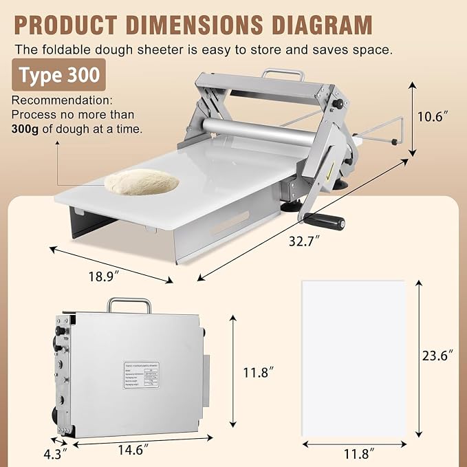 Folding Dough Sheeter | Manual Dough Rolling Machine | Stainless Steel | Adjustable Thickness with 0-27mm Settings | for Bread, Pastry, Croissants