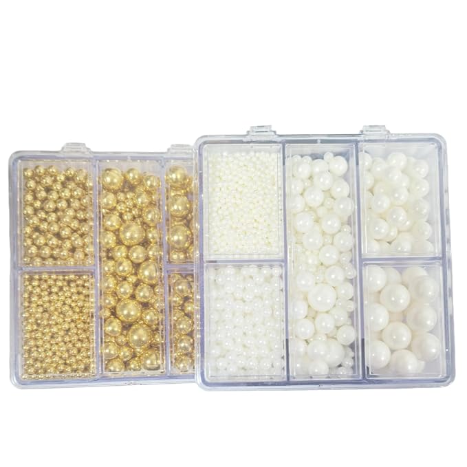 Edible White and Gold Pearl Sprinkles for Cake Decorating, (2-Pack) Mixing 4 Sizes Sugar Cupcake, Ice Cream, Donuts, Macaron Toppings Supplies 6.35oz/180g