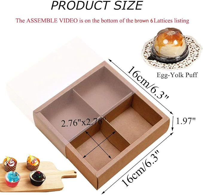 15 Packs Cupcake Boxes with Inserts and Display Windows,Brown Kraft Treats Gift Boxes,Cupcake Containers for Baking Pastries Goodies Biscuits(4 Lattices)