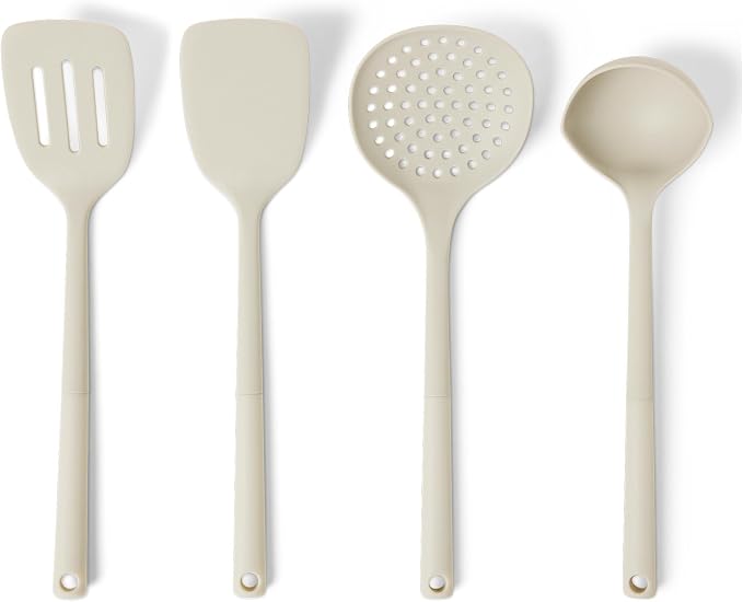 Amazon Basics Silicone Cooking Spoon, Ladle and Spatula Set, 4-Piece, Slotted, Soft Grip Handle, BPA-Free, Dishwasher-Safe, Linen Gray