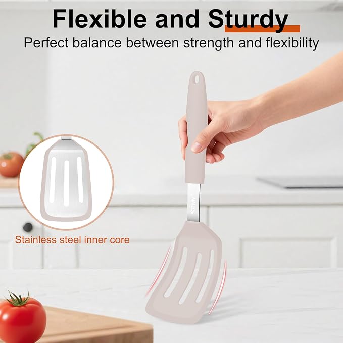 2 Pack Silicone Kitchen Spatula Set, 600°F Heat Resistant (Khaki) | BPA Free, Solid & Slotted Turner, Non-Toxic Cooking Utensils, Safe for Non Stick Frying Pan, Dishwasher Safe