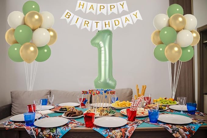 Sage Green First Birthday Decorations For Boys, 40inch Olive Green Number 1 Balloon And Happy Birthday Banner Set With 12inch Sage Green Cream Metallic Gold Balloons For Kids 1st Birthday Decorations