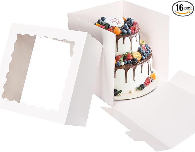 Moretoes 16 Pack Cake Boxes, 12x12x12 Inch Tall Cake Containers with Window for Tier Cakes, Disposable Sturdy Bakery Carrier with Lids, for Valentine's Day, Mother's Day, Wedding, Birthday