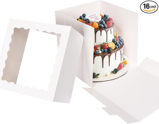 Moretoes 16 Pack Cake Boxes, 12x12x12 Inch Tall Cake Containers with Window for Tier Cakes, Disposable Sturdy Bakery Carrier with Lids, for Valentine's Day, Mother's Day, Wedding, Birthday