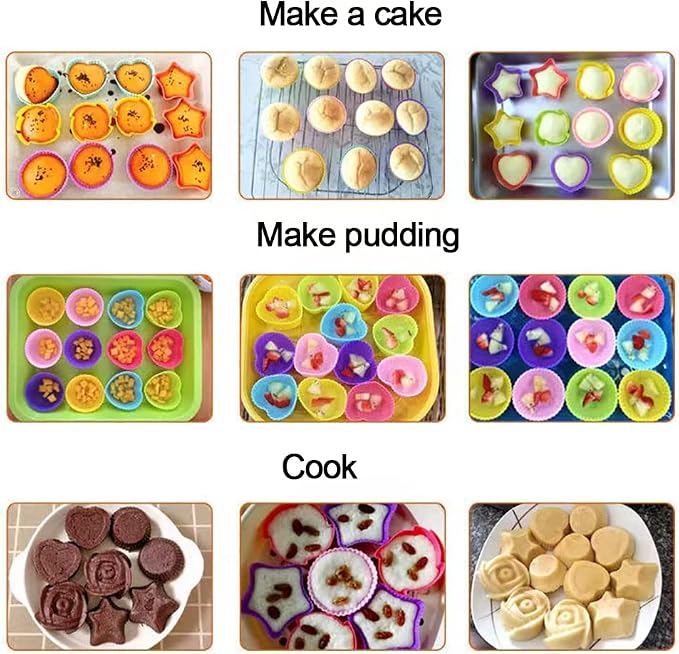 12PCS Silicone Mini Reusable Muffin Baking Cup Small Cupcake Holders Random Color Silicone Cupcake Liners Pastry Dessert Cups Nonstick Liner Molds for Making Muffin Chocolate Bread(Heart)