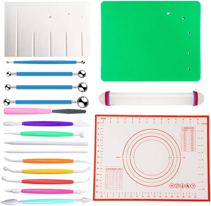 Gum Paste Flowers & Leaves Fondant Kit-10 Modelling Tools, 4 Ball Tools, 1 Veining Board, 1 Foam Pad, 1 Silicone Mat, 1 Rolling Pin