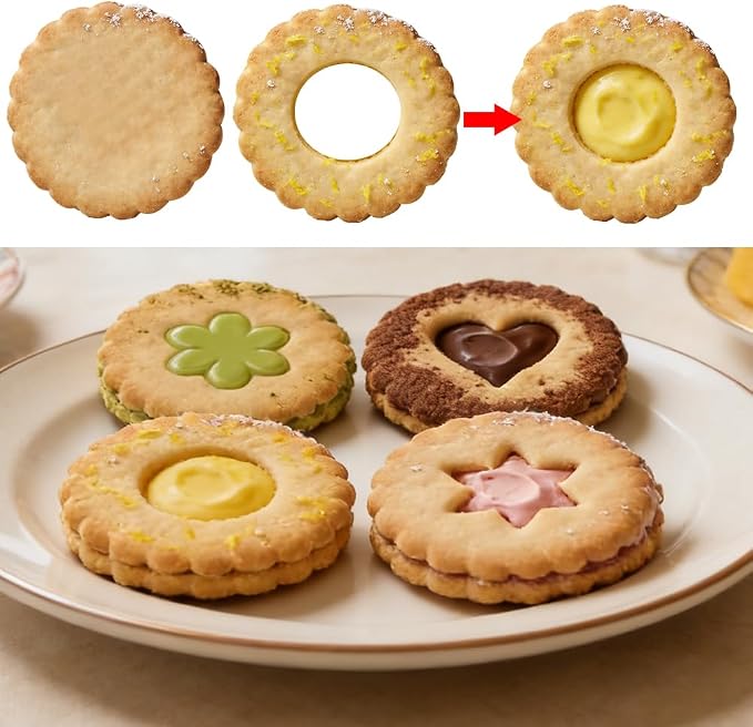4Pcs 3D Round Cookie Cutters with Wave Edge Biscuit Cutter Star Circle Flower Heart Filled Cookie Cutters Set Plastic Cookies Cutter Small Fondant Molds Cute Cookies Stamps for Birthday Party