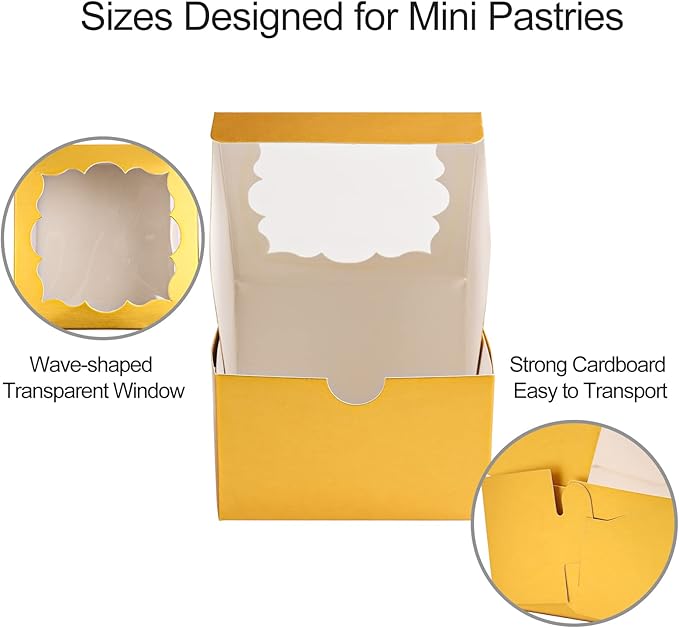 NPLUX 50pcs Cookie Boxes with Window Bakery Boxes Small Treat Boxes Mini Pie Boxes Pastry Boxes 4x4x2.5, Graduation Gifts Party Favors(Gold)