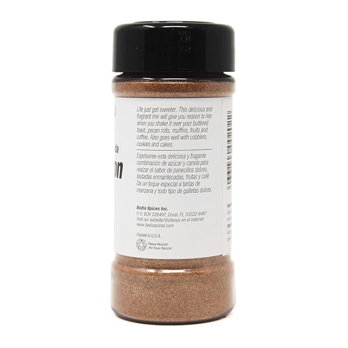 Badia Cinnamon Sugar, 3.5 oz – Sweet Blend of Cane Sugar and Ground Cinnamon, All Purpose Topping for Baking, Coffee, Desserts, Gluten Free