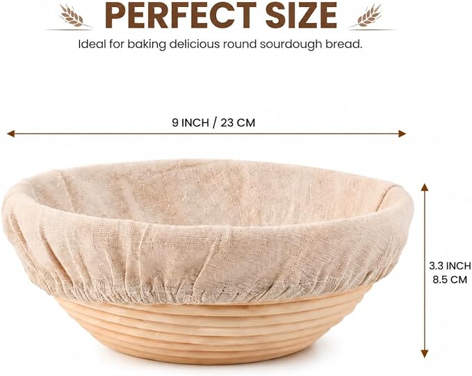 9 Inch Round Bread Proofing Basket with Liner, Banneton Dough Proofing Bowl for Sourdough and Artisan Bread Baking