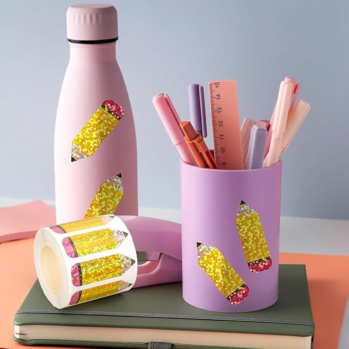 500Pcs Back to School Stickers Roll Glitter Pencil Stickers Holographic Self Adhesive Envelope Decals for First Day of School Labels Sticker Scrapbook Scrapbook School Party Supplies